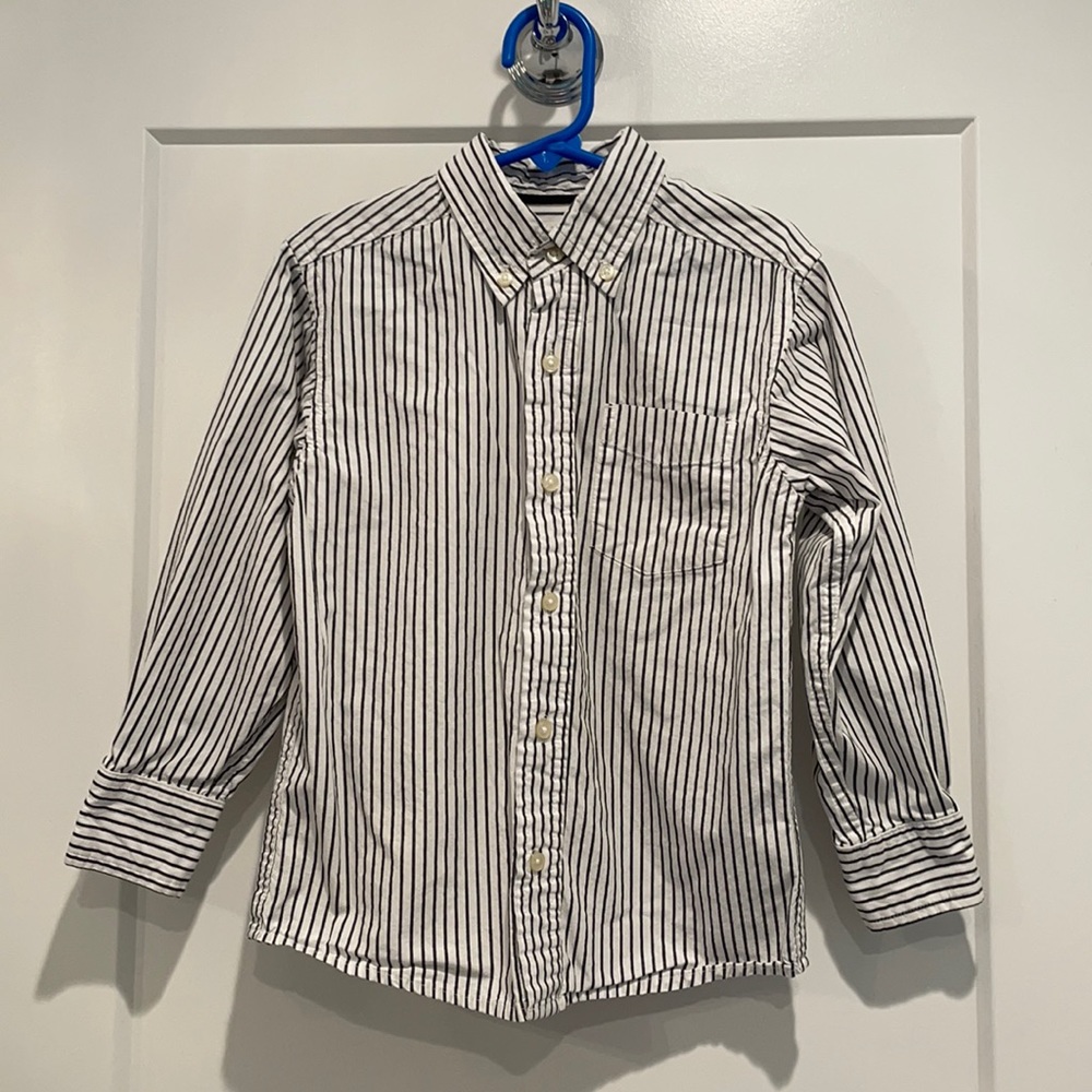 EUC Boys Dress Botton Down Shirt Black White Stripe 4